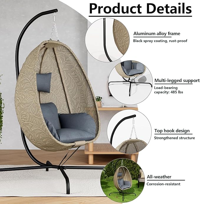 ALAULM Foldable Egg Chair with Stand 485LBS Capacity Textilene Hammock Swing Chair for Outdoor &amp Indoor Hanging Chair with Strong Frame &amp UV Resistant Cushion for Balcony Bedroom Light Gra