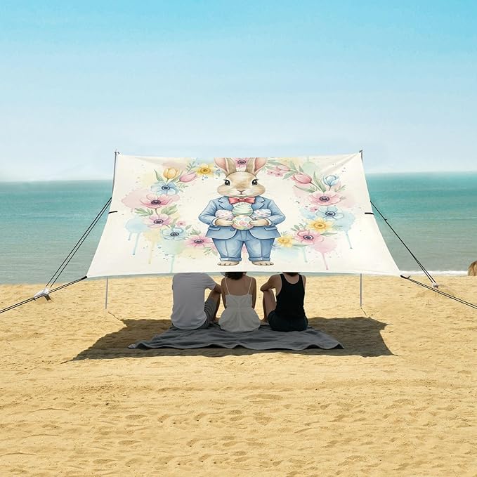 xigua Easter Bunny Beach Tent Sun Shelter with Carrying Bag - Silver Coated Oxford Fabric Beach Canopy for Beach Camping Fishing - Includes Windproof Ropes Sandbags &amp Stakes