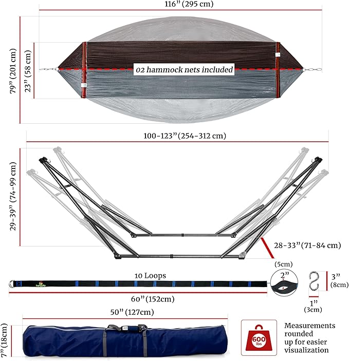Tranquillo Combo x2 Hammocks with Stand for Outside &amp Tree Straps Heavy Duty Hammock with Stand 600lbs for Indoor Outdoor Patio Backyard x2 Hammocks for 2 Person (Combo - Brown Medium)