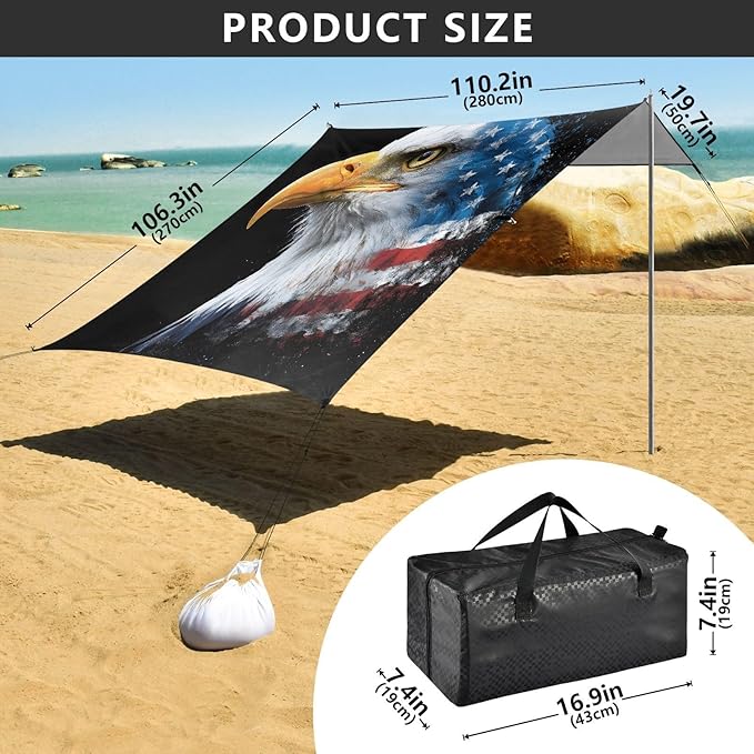 ALAZA Eagle American Flag Beach Tent Sun Shelter UPF50+ Protection Beach Shade Canopy w/ 4 Sandbags for Outdoor Camping Fishing Backyard Fun Picnic 10x9 ft