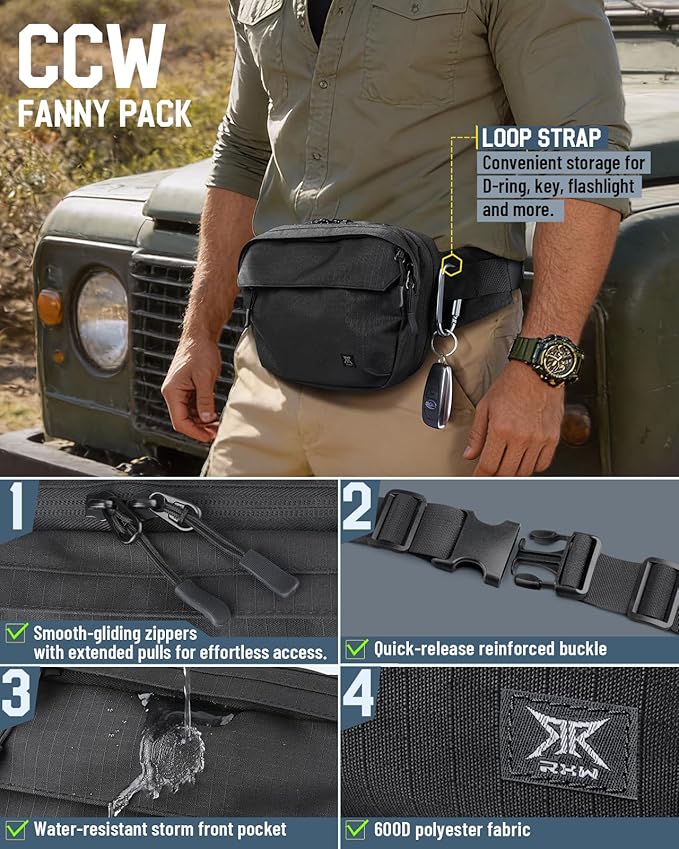 Large Tactical CCW Fanny Pack for Men Women Security Carry EDC Crossbody Bag Anti Theft Waist Bag for Hiking Hunting Running (Adjustable Up to 57 Waist Includes 1 Holster)