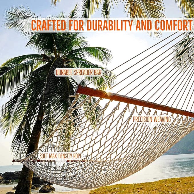 Castaway Living 13 ft. Double Traditional Hand Woven Navy Polyester Rope Hammock – 2-Person 450 lb Capacity Free Extension Chains &amp Tree Hooks Designed in The USA