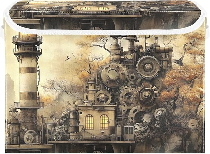 Steampunk Lighthouse Large Storage Bins with Linen Foldable Storage Box Fabric Closet Organizer Containers Cubes with Flip-Top Lid for Home Office 16.5” x 12.6” x 11.8”