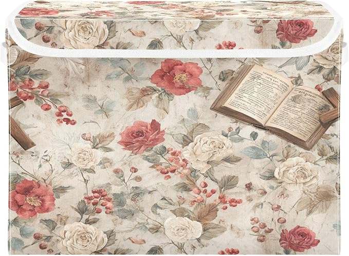 Storage Bins With Lid Stackable Fabric Closet Organizer Clothing Storage Large Boxes For Closet Shelves Bedroom Beige Jesus Crosses Bibles Roses