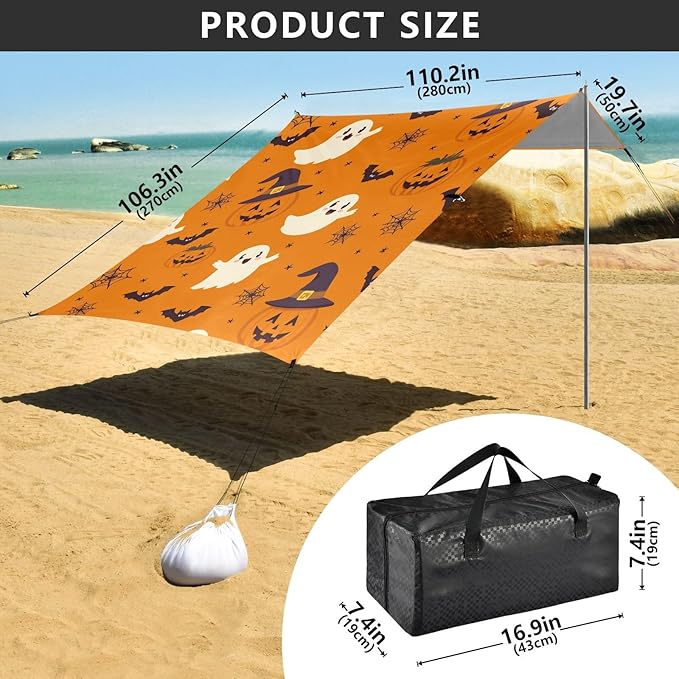 ALAZA Ghost Pumpkin Pattern Beach Tent Sun Shelter Portable Canopy Sunshade for Outdoor Camping Picnics Backyard Fun 10x9 ft