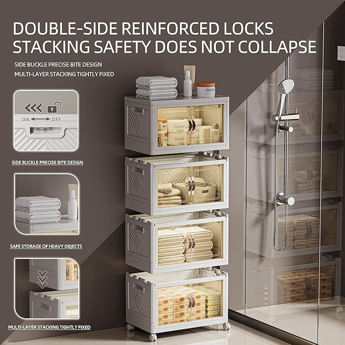 268 QT / 67 Gal White Storage Bins with 1 Lid - Collapsible Stackable Cabinet Organizer w/Wheels &amp Magnetic Doors Plastic Storage Box for Office Closet Organization