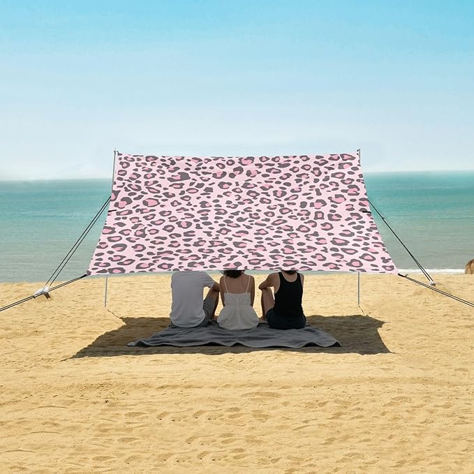 Leopard Skin Print Style Pink Foldable Beach Tent UPF50 Waterproof Large Portable Sun Shelter with Sturdy Poles Sandbags and Shovel for Camping Picnics Backyard