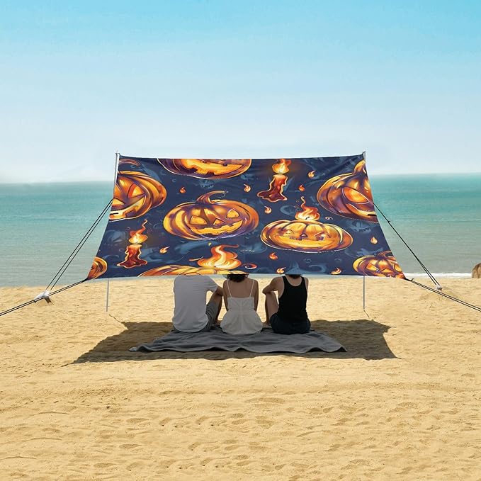 ALAZA Pumpkin Laugh Halloween Beach Tent Sun Shelter UPF50+ Protection Beach Shade Canopy w/ 4 Sandbags for Outdoor Camping Fishing Backyard Fun Picnic 10x9 ft