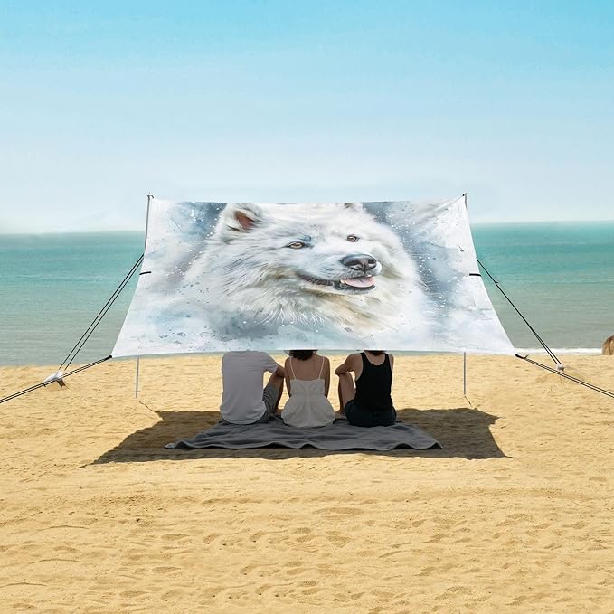 ALAZA Samoyed Dog Portrait Watercolour Beach Tent Sun Shelter UPF50+ Protection Beach Shade Canopy w/ 4 Sandbags for Outdoor Camping Fishing Backyard Fun Picnic 10x9 ft