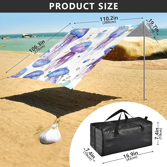 ALAZA Blue Jellyfish Watercolor Beach Tent Sun Shelter Portable Canopy Sunshade for Outdoor Camping Picnics Backyard Fun 10x9 ft