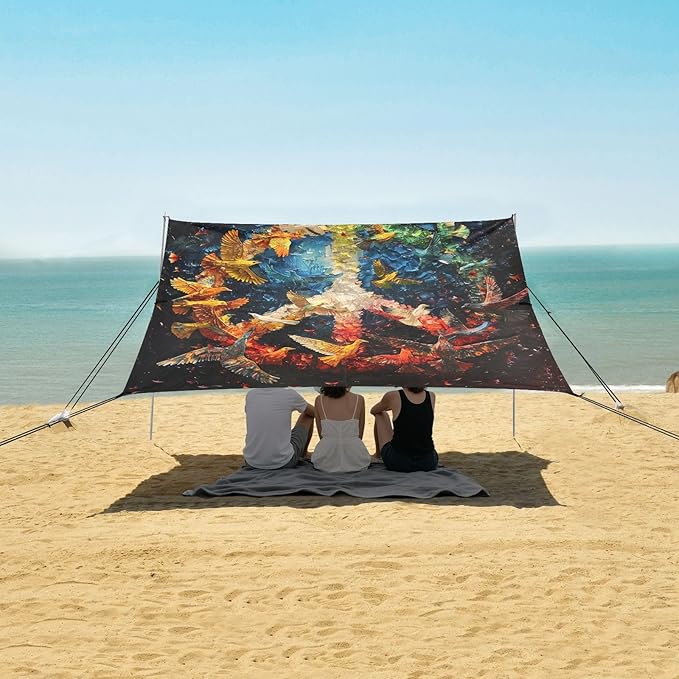 ALAZA Peace and Love Sign Doves Beach Tent Sun Shelter UPF50+ Protection Beach Shade Canopy w/ 4 Sandbags for Outdoor Camping Fishing Backyard Fun Picnic 10x9 ft
