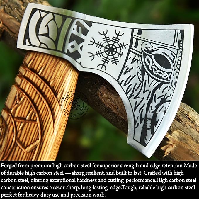 Hand-Forged Viking Axe Nordic Engraved Blade with Wooden Handle Unique Gift for Men Collectors Great Gift for Birthdays Holidays or Weddings (AXE-05)