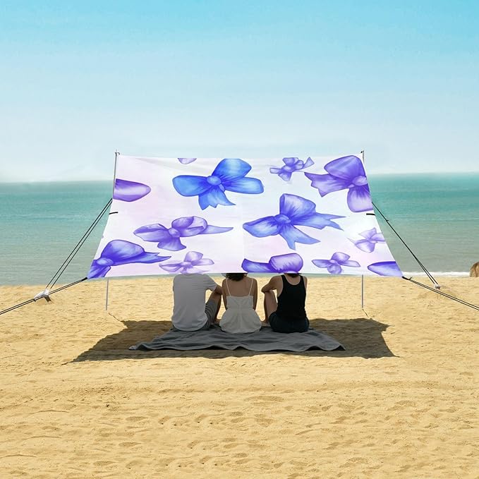 xigua Bow Tie Beach Tent Sun Shelter with Carrying Bag - Silver Coated Oxford Fabric Beach Canopy for Beach Camping Fishing - Includes Windproof Ropes Sandbags &amp Stakes