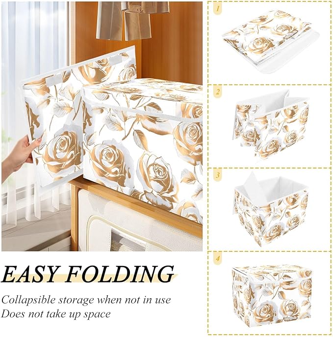 ALAZA Gold Rose Storage Bins Organizer Box Baskets Lidded Clothes for Shelves Closet Collapsible Stackable Storage Cubes Handles