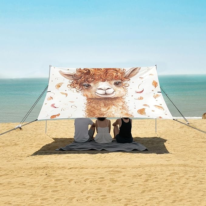 ALAZA Cute Llama with Curly Fur Beach Tent Sun Shelter UPF50+ Protection Beach Shade Canopy w/ 4 Sandbags for Outdoor Camping Fishing Backyard Fun Picnic 10x9 ft