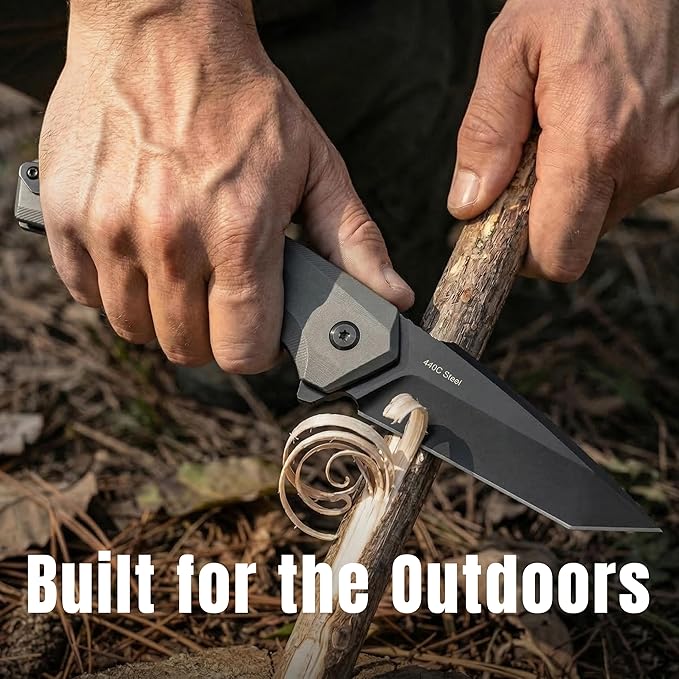 Tactical Pocket Knife - EDC Folding Knife with 440C Stainless Steel Tanto Blade Black Coated Gray Aluminum Handle Liner Lock &amp Deep Carry Clip for Men Outdoor Survival Camping Valentine's Gi