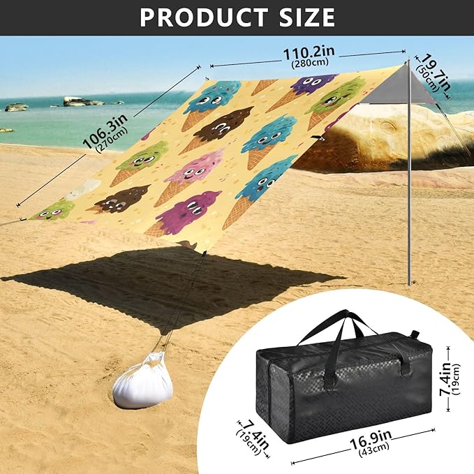 ALAZA Colorful Ice Cream Pattern Beach Tent Sun Shelter Portable Canopy Sunshade for Outdoor Camping Picnics Backyard Fun 10x9 ft