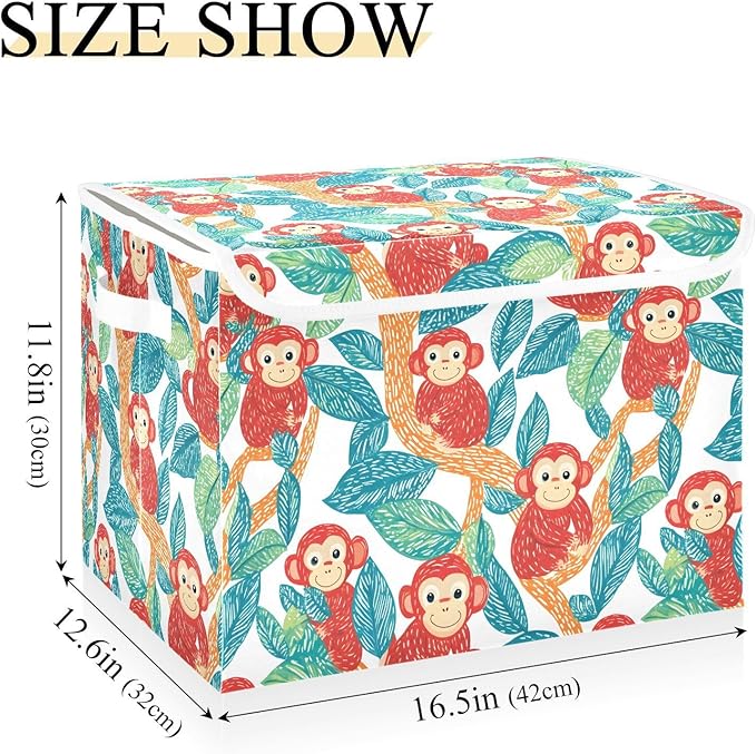 Storage Cube with Lid Cartoon Monkey Print 16.5×12.6×11.8 IN 1 Pack Collapsible Large Capacity Foldable Storage Basket Bin Organizer