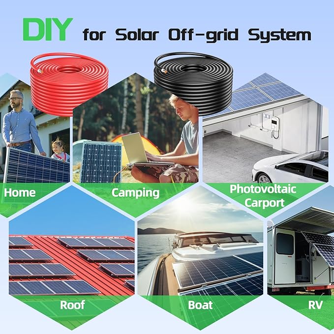 Bateria Power 2x50 Feet 8AWG (10mm²) Solar Panel Wire Tinned Copper Solar Panel Extension Cable PV Wiring for Photovoltaic Solar System Automotive RVs Marine (50FT Red + 50FT Black)