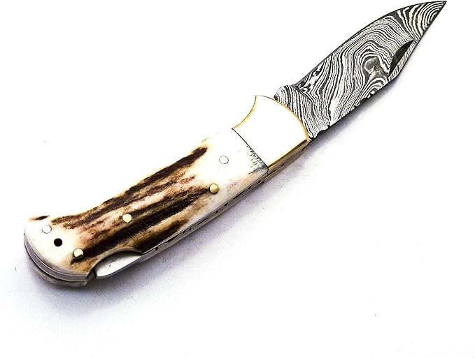 Skokie Knives Custom Hand Made Damascus Steel Hunting Pocket Folding Knife with Handle Stag Antler (S.F)