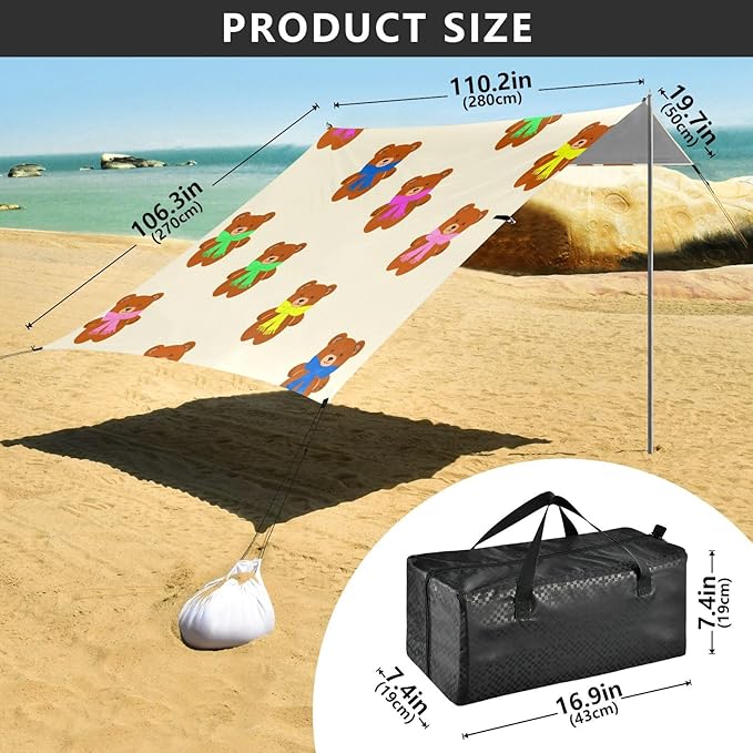 xigua Teddy Bear Beach Tent Sun Shelter with Carrying Bag - Silver Coated Oxford Fabric Beach Canopy for Beach Camping Fishing - Includes Windproof Ropes Sandbags &amp Stakes