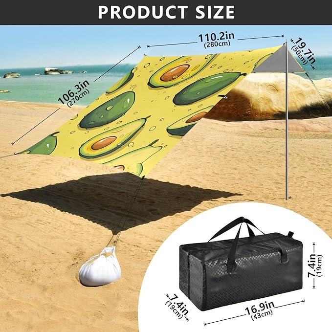 ALAZA Avocado on Yellow Beach Tent Sun Shelter Portable Canopy Sunshade for Outdoor Camping Picnics Backyard Fun 10x9 ft