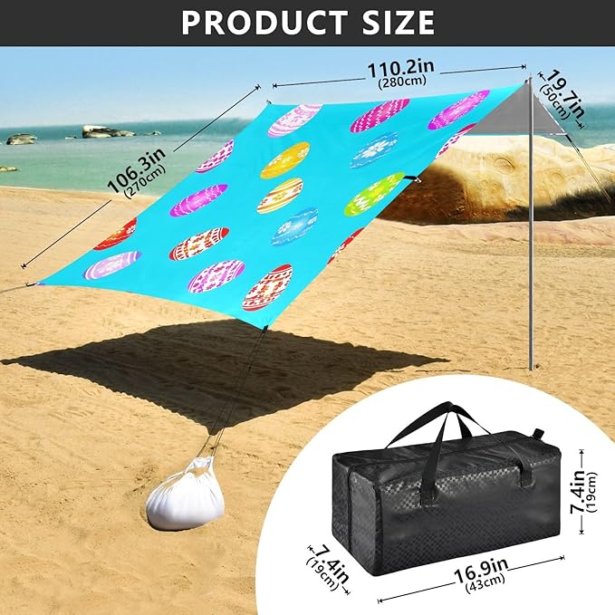 Easter Eggs Blue Beach Tent Sun Shelter Set UPF50+ UV Protection 10.5 x 9.19 FT Camping Shade Canopy with Sandbags Sand Anchors Carrying Bag and Others