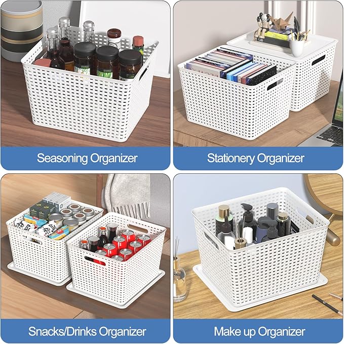 Begale White Plastic Storage Baskets with Lids 14 x 11.6 x 8.7 6 Packs Stackable Storage Bins Containers for Organizing