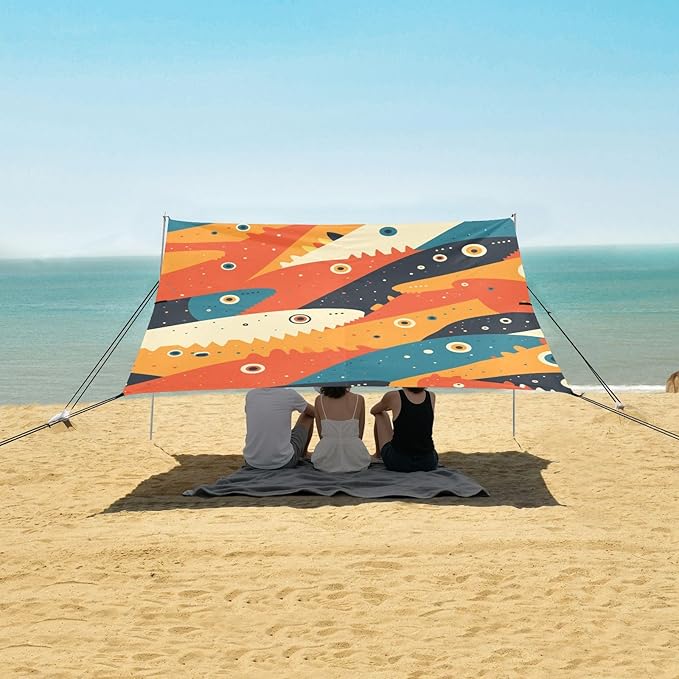 Dino Pattern Foldable Beach Canopy UPF50+ Waterproof Large Portable Sun Shelter with Sandbags and Shovel for Camping Picnics Backyard &amp Fishing