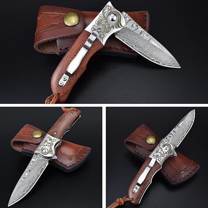 AUBEY Damascus Pocket Knife with Clip Folding Knives with VG10 Damascus Steel Blade Wooden Handle Foldable EDC Knifes for Outdoor Survival Collection Gift