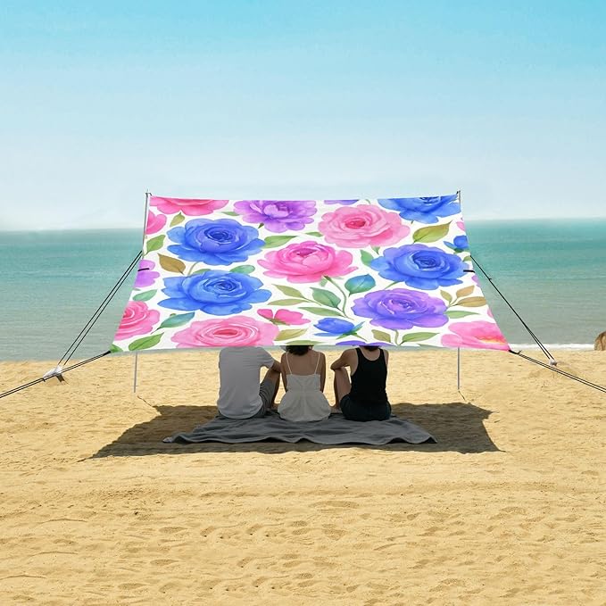 Beach Canopy with Windproof Ropes &amp Sandbags Beach Tent Sun Shade Sun Shelter for Camping Trips Fishing Backyard Fun or Picnics Roses and Peonies