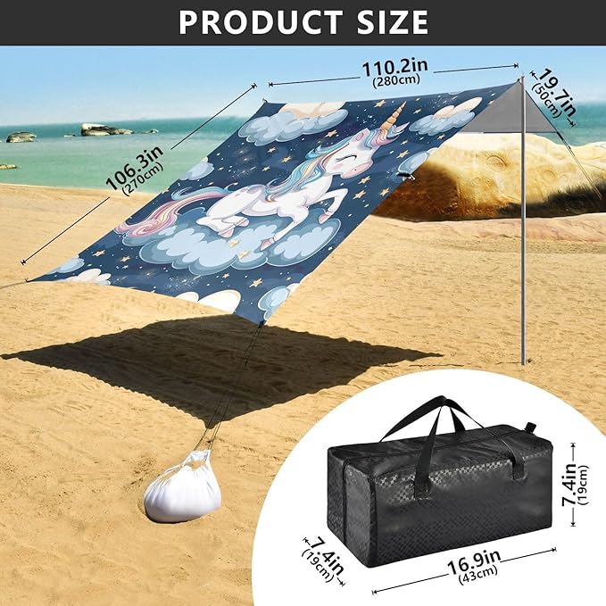 ALAZA Cute Unicorn on The Cloud Seamless Beach Tent Sun Shelter Portable Canopy Sunshade for Outdoor Camping Picnics Backyard Fun 10x9 ft
