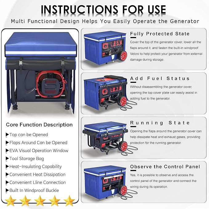 Generator Covers While Running 32x24x24 Inches Generator Running Covers1680+400D Double Layer Portable Heavy Duty Dustproof/Waterproof Generator Covers for 5000W-10000W Frame Generators Blue