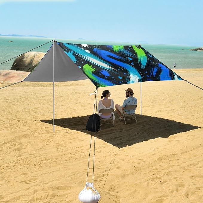 xigua Paint Beach Tent Sun Shelter with Carrying Bag - Silver Coated Oxford Fabric Beach Canopy for Beach Camping Fishing - Includes Windproof Ropes Sandbags &amp Stakes