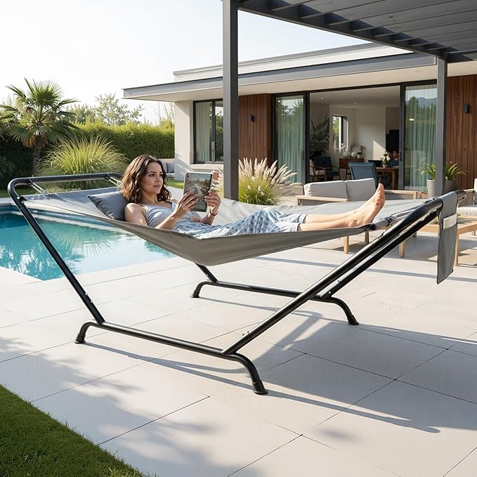 ONCLOUD Freestanding Hammock with Stand 600LBS Heavy Duty Outdoor Hammock Cofy Outdoor Hammock with Stand Hammock Bed for Yard Deck Patio Hammock with Soft Pillow &amp Storage Bag (Grey)