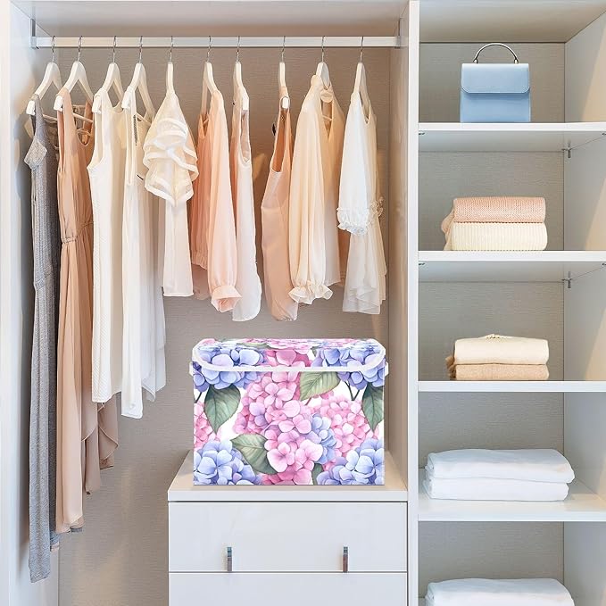 ALAZA Hydrangea Flowers Storage Bins Organizer Box Baskets Lidded Clothes for Shelves Closet Collapsible Stackable Storage Cubes Handles