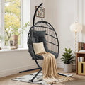 TITIMO Foldable Hanging Egg Chair with Stand Indoor/Outdoor Wicker Swinging Chair with Comfortable Cushion and Headrest Rattan Hammock Chair for Patio Bedroom Balcony Garden 350LBS Capacity