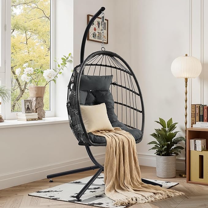 TITIMO Foldable Hanging Egg Chair with Stand Indoor/Outdoor Wicker Swinging Chair with Comfortable Cushion and Headrest Rattan Hammock Chair for Patio Bedroom Balcony Garden 350LBS Capacity