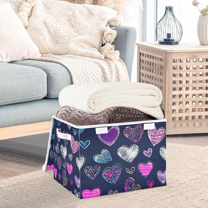 Cartoon Heart Storage Cube Bins Basket with Lid Collapsible Flip-top Fabric with Handle for Home Bedroom Closet Office 16.5×12.6×11.8 in