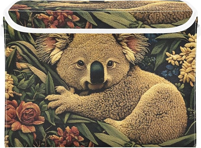 Storage Cube with Lid Art Koala Floral Print 16.5×12.6×11.8 IN Collapsible Large Capacity Foldable Storage Basket Bin Organizer