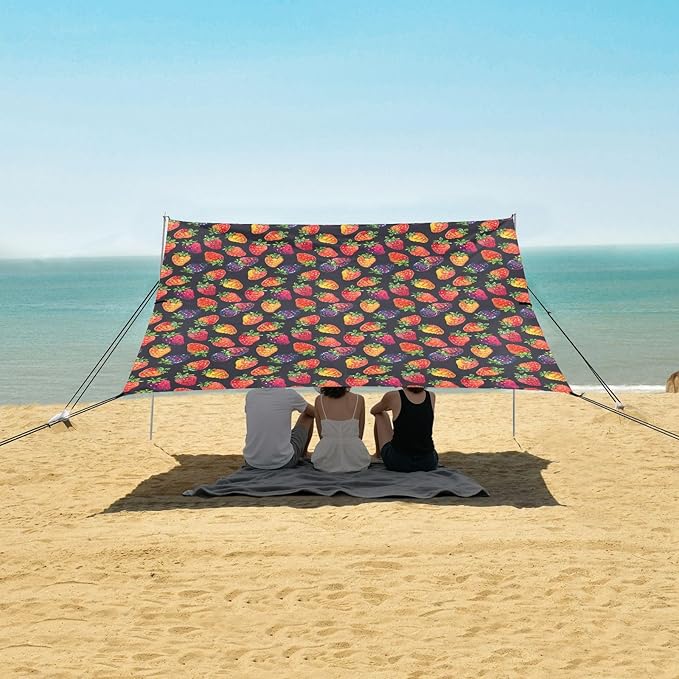 ALAZA Colorful Strawberry Beach Tent Sun Shelter UPF50+ Protection Beach Shade Canopy w/ 4 Sandbags for Outdoor Camping Fishing Backyard Fun Picnic 10x9 ft