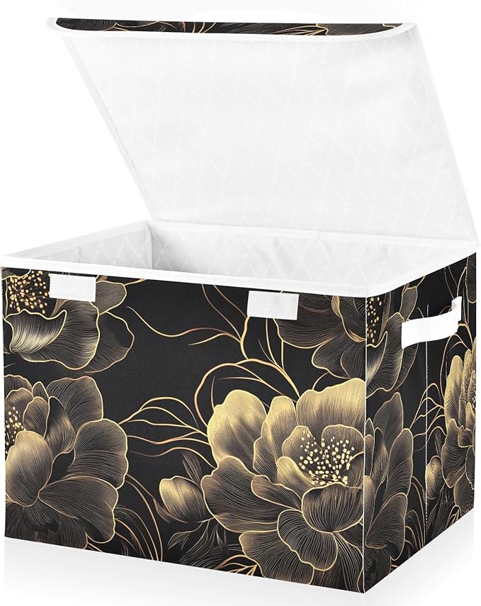 AIXIWAWA Storage Cube with Lid (Gold Black Floral) Fabric Foldable Closet Bins with Flip Lid and Handles Organizer Basket Container 16.5 x 12.6 x 11.8 IN