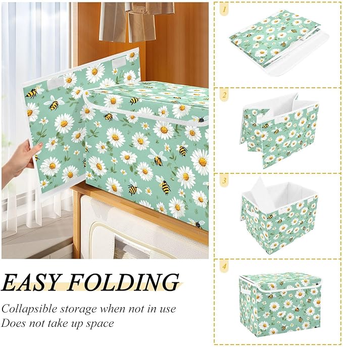 Storage Bins with Lids Storage Containers Box Organizer Bin Basket with Handles for Closet Shelves Clothes Stackable Foldable Decorative Mint Green Daisy Flowers and Bees