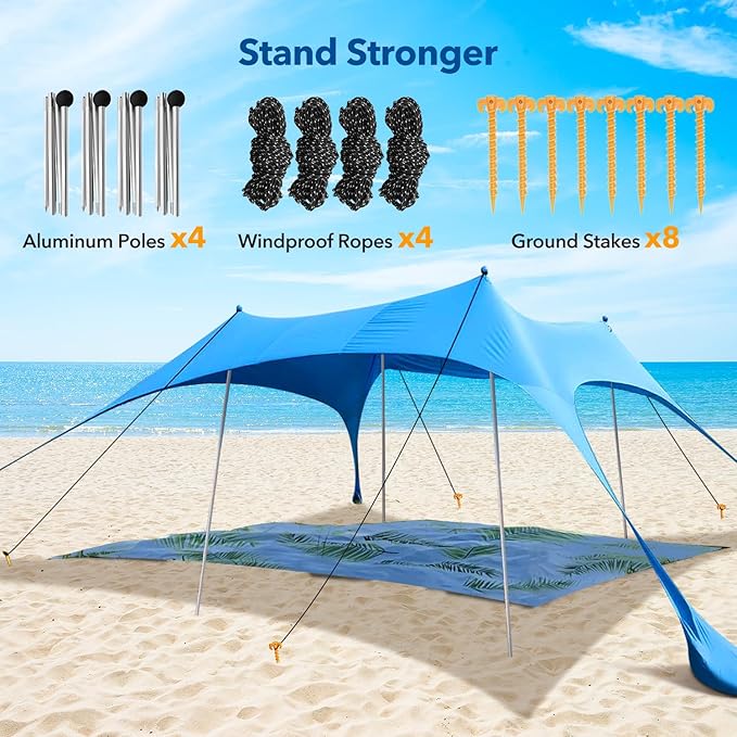 Beach Canopy Tent with UPF50+ Protection Sun shelter Umbrella Portable Camping Tents 12X12FT Include Beach Blanket Phone Case with Sandbags Poles Anti-Wind Ropes for Beach Camping Backyard Picnics