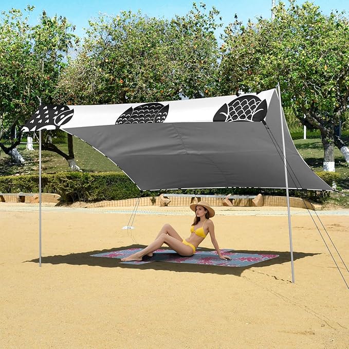 Beach Canopy with Windproof Ropes &amp Sandbags Beach Tent Sun Shade Sun Shelter for Camping Trips Fishing Backyard Fun or Picnics Owl