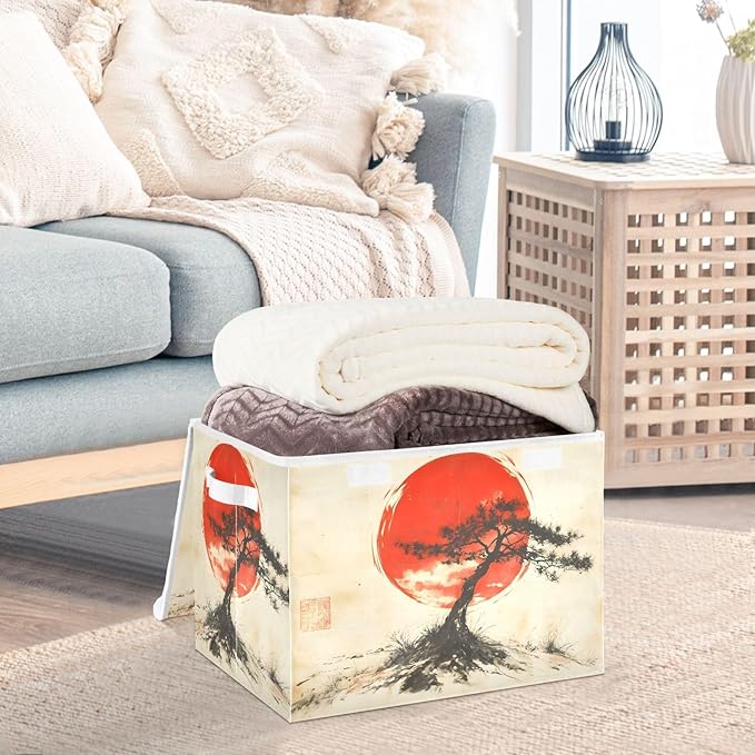 AIXIWAWA Lidded Storage Cube (Chinese Sun Tree) Fabric Foldable Closet Bins with Flip Lid and Handles Organizer Basket Container 16.5 x 12.6 x 11.8 IN