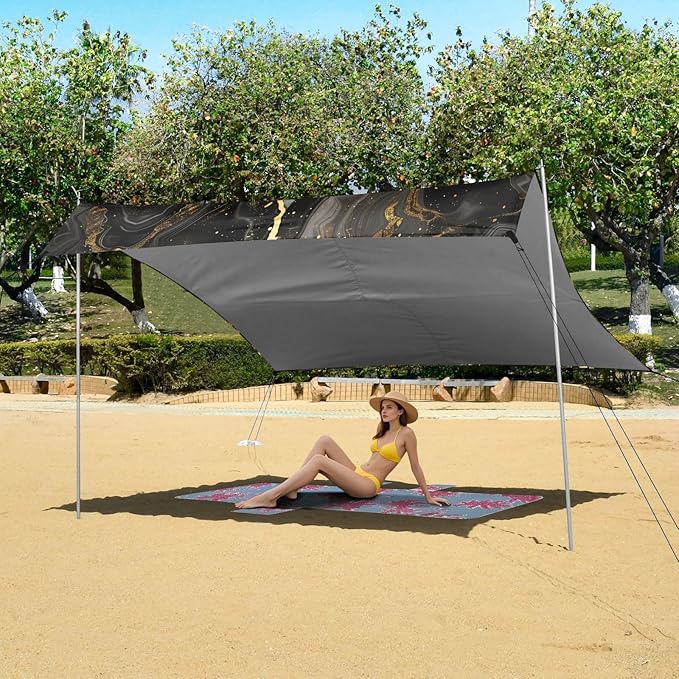 ALAZA Luxury Black &amp Gold Marble Beach Tent Sun Shelter UPF50+ Protection Beach Shade Canopy w/ 4 Sandbags for Outdoor Camping Fishing Backyard Fun Picnic 10x9 ft