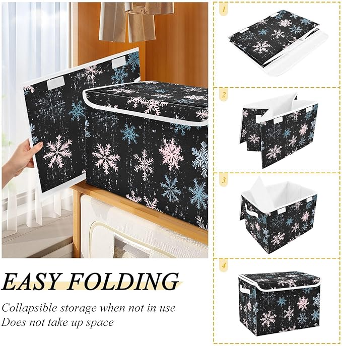 Snowflakes Pattern Storage Cube Bins Basket with Lid Collapsible Flip-top Fabric with Handle for Home Bedroom Closet Office 16.5×12.6×11.8 in