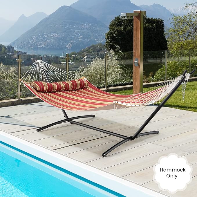 Tangkula 11FT Double Hammock Heavy Duty Outdoor Hammock with Curved Spreader Bars Detachable Pillow 2 Person Hammocks for Outside Porch Patio (Red)