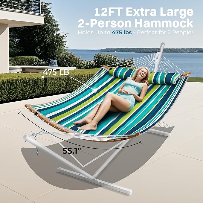 SUPERJARE Curved-Bar Hammock with Stand 2 Person Heavy Duty Hammock Frame Detachable Pillow &amp Portable Carrying Bag Perfect for Outdoor &amp Indoor Blue-Green Stripe